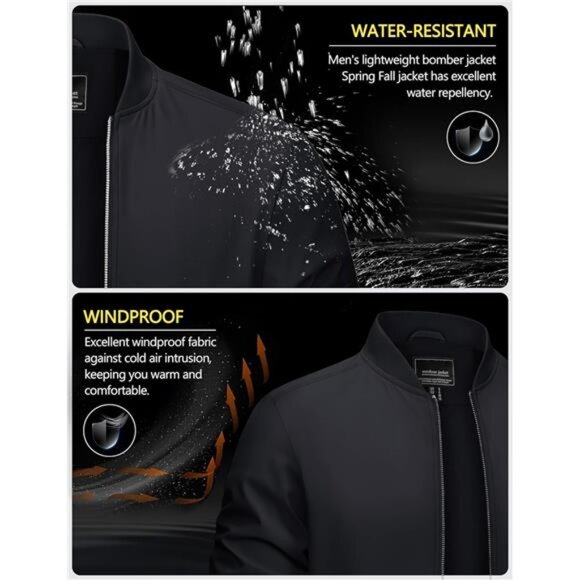 Mens Bomber Jacket Lightweight Windbreaker Fall Spring Casual Zip Up Outwear Coa - Picture 5 of 7